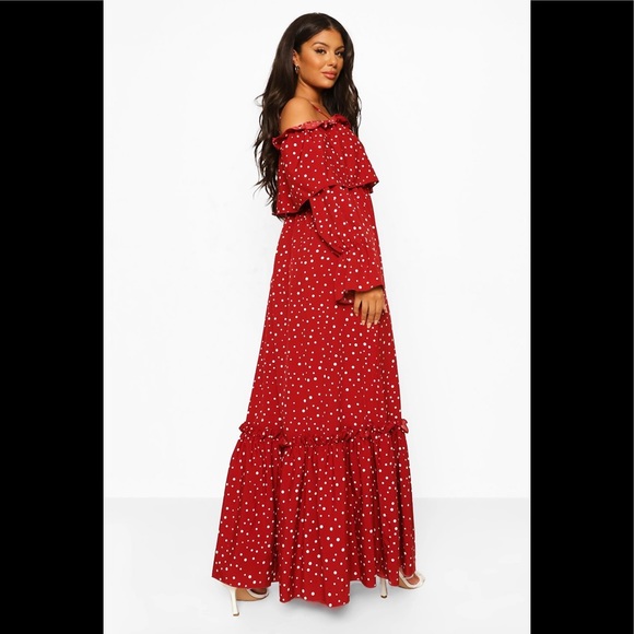Boohoo Polka Dot Cold Shoulder Ruffle Maxi Dress🖤 - Picture 1 of 11